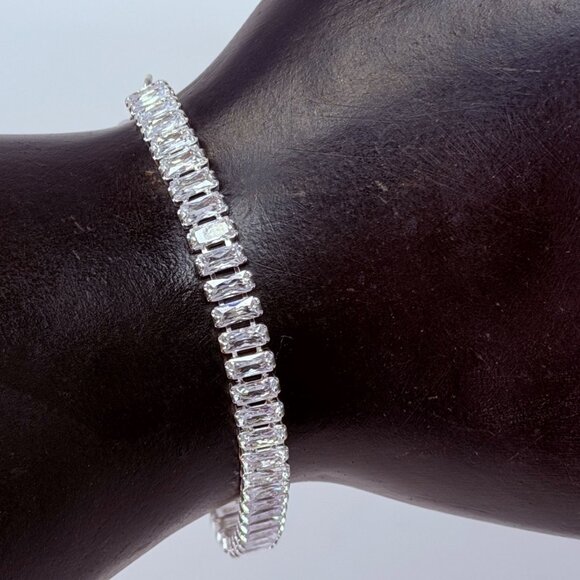 Vintage Swarovski Baguette Crystal Tennis Bracelet Sterling Silver Overlay NOS - Picture 1 of 8